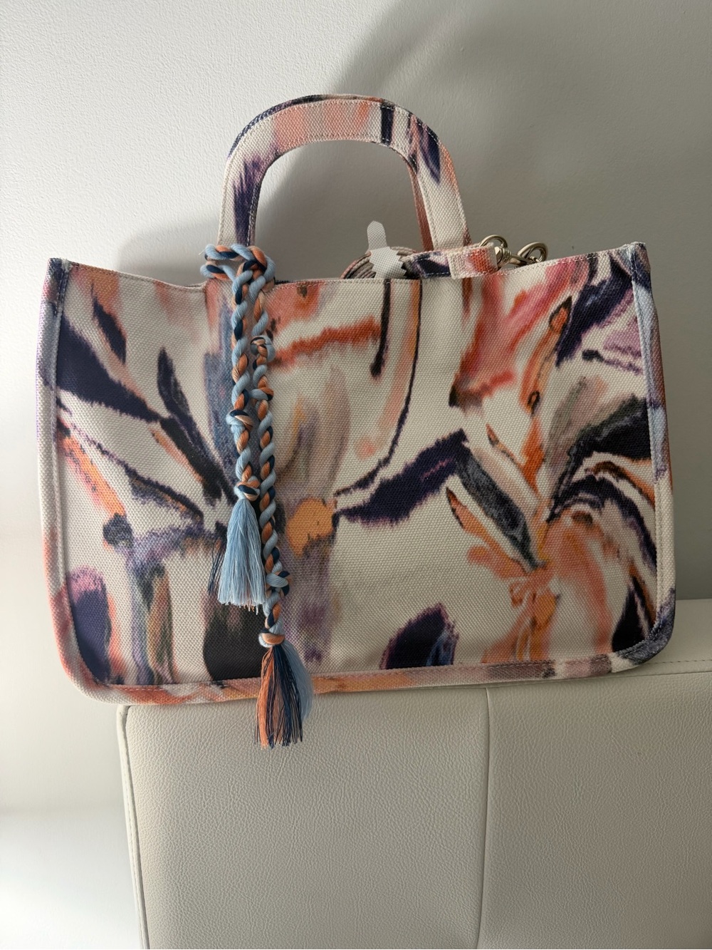 Vince Camuto Orla Multicolor Abstract Canvas Tote with Braided Tassel